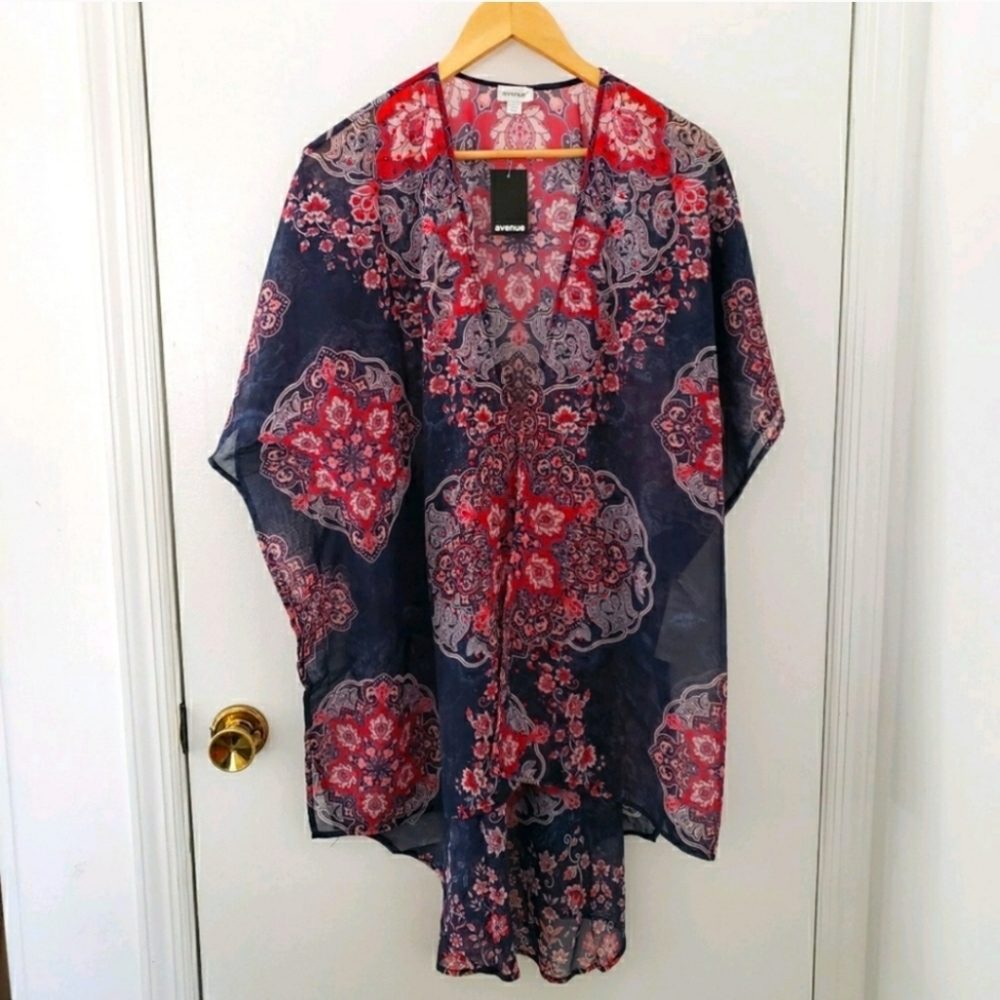 Avenue || (14/16)  Red Navy Beaded Sheer Kimono Swim Coverup